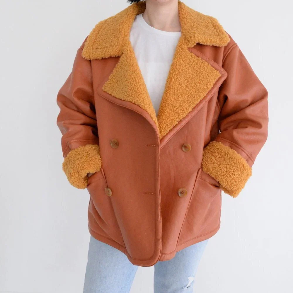 We The Free Kaja Vegan Bonded Leather Peacoat Rust Bomber Jacket Boho M